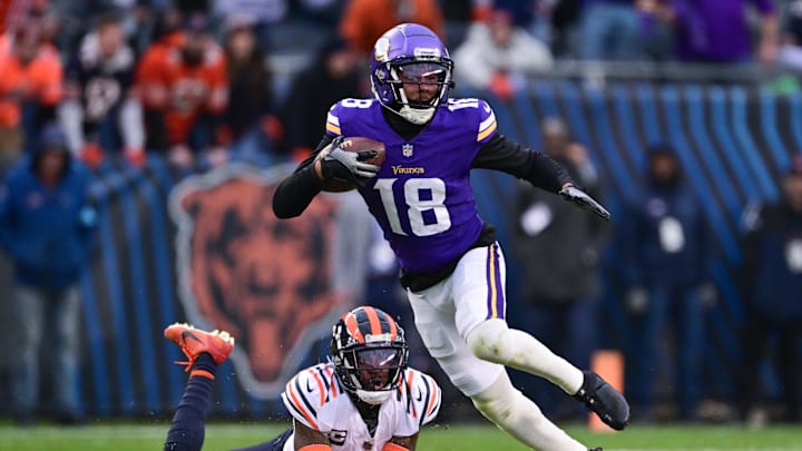 Nov 24, 2024; Chicago, Illinois, USA; Minnesota Vikings wide receiver Justin Jefferson (18) runs after a catch against the Chicago Bears during overtime at Soldier Field. Mandatory Credit: Daniel Bartel-Imagn Images Nov 24, 2024; Chicago, Illinois, USA; Minnesota Vikings wide receiver Justin Jefferson (18) runs after a catch against the Chicago Bears during overtime at Soldier Field. Mandatory Credit: Daniel Bartel-Imagn Images