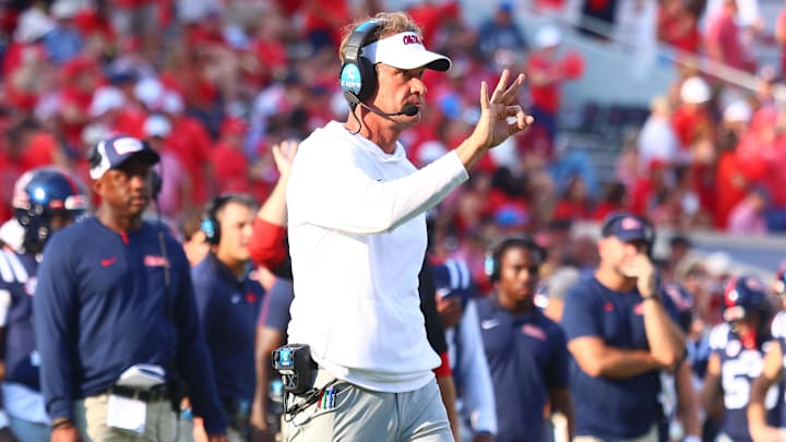 Sep 20, 2025; Oxford, Mississippi, USA; Mississippi Rebels head coach Lane Kiffin reacts during the fourth quarter against the Tulane Green Wave at Vaught-Hemingway Stadium. Mandatory Credit: Petre Thomas-Imagn Images