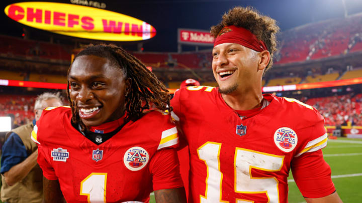 Xavier Worthy #1 and Quarterback Patrick Mahomes #15 of the Kansas City Chiefs celebrate their 27-20 win over the Baltimore Ravens at Arrowhead Stadium on September 05, 2024 in Kansas City, Missouri. 