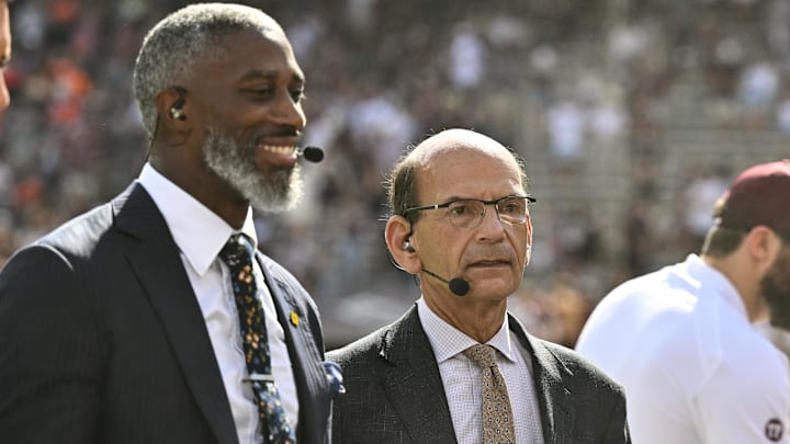 Sep 23, 2023; College Station, Texas, USA; SEC Nation Roman Harper (left) and Paul Finebaum (right) speak on the sideline during pre-game between the Texas A&M Aggies and the Auburn Tigers at Kyle Field. Mandatory Credit: Maria Lysaker-Imagn Images