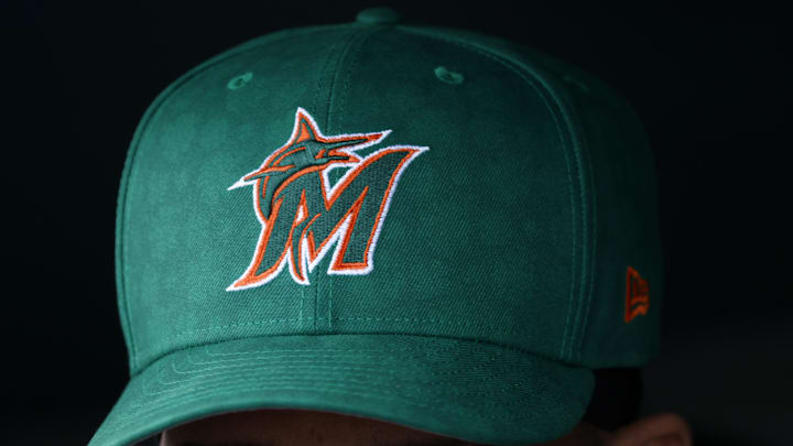 A general view of the cap worn by the Miami Marlins for St. Patrick's Day against the New York Mets before the game at Roger Dean Chevrolet Stadium. 