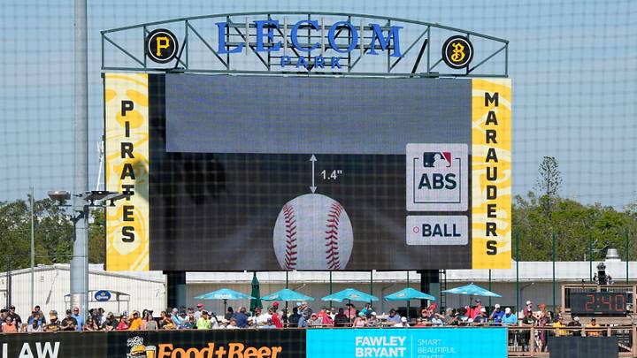 The scoreboard at LECOM Park displays a screen from the ABS challenge system, indicating that a called strike was actually a ball, 1.4” below the strick zone. Major League Baseball is testing an Automated Ball-Stike (ABS) challenge system at select spring training parks. The system allows players to challenge a limited number of ball/stike calls during a game. Calls can be overturned if the pitch tracking technology shows an umpire got a call wrong.