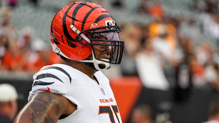 Cincinnati Bengals offensive tackle Orlando Brown Jr. (75) warms up during pregame before the first quarter of the NFL Preseason game between the Cincinnati Bengals and the Detroit Lions at Paycor Stadium in Cincinnati on Thursday, Aug. 13, 2026. Cincinnati Bengals offensive tackle Orlando Brown Jr. (75) warms up during pregame before the first quarter of the NFL Preseason game between the Cincinnati Bengals and the Detroit Lions at Paycor Stadium in Cincinnati on Thursday, Aug. 13, 2026.