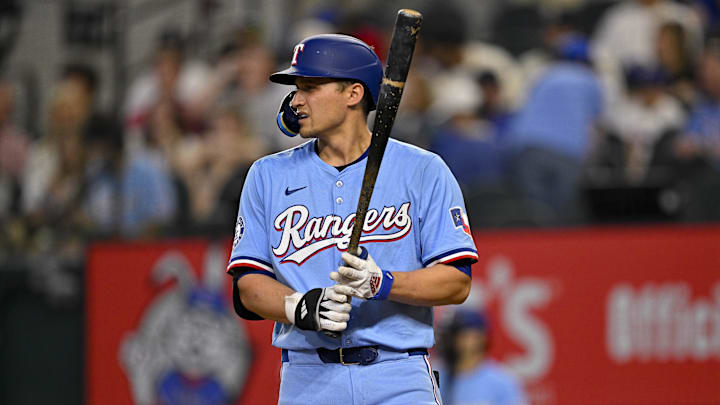 Apr 20, 2025; Arlington, Texas, USA; Texas Rangers shortstop Corey Seager (5) during the game between the Texas Rangers and the Los Angeles Dodgers at Globe Life Field. 
