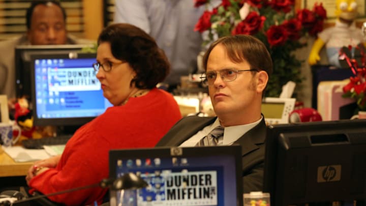 THE OFFICE -- "Couples Discount" Episode 916 -- Pictured: (l-r) Phyllis Smith as Phyllis Vance, Rainn Wilson as Dwight Schrute -- (Photo by: Byron Cohen/NBC/NBCU Photo Bank via Getty Images)