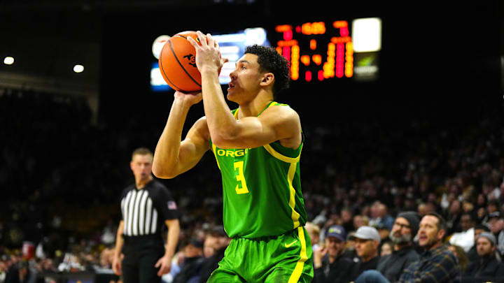 Jan 18, 2024; Boulder, Colorado, USA; Oregon Ducks guard Jackson Shelstad (3).