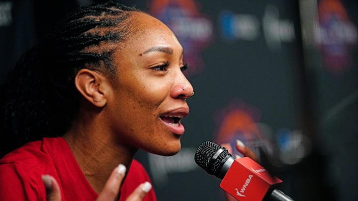 July 19, 2024; Phoenix, Ariz., U.S.; USA center A'ja Wilson speaks to the press during WNBA All-Star Media Day at the Footprint Center. July 19, 2024; Phoenix, Ariz., U.S.; USA center A'ja Wilson speaks to the press during WNBA All-Star Media Day at the Footprint Center.