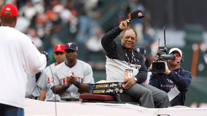 2007 Major League Baseball All-Star Game -- Willie Mays takes a seat to go around the field in a 1958 Cadillac Eldorado on July 8, 2007. 2007 Major League Baseball All-Star Game -- Willie Mays takes a seat to go around the field in a 1958 Cadillac Eldorado on July 8, 2007.