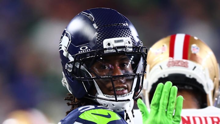 Seattle Seahawks wide receiver Rashid Shaheed reads after a first down reception against the San Francisco 49ers.