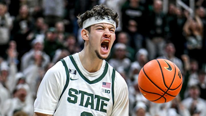 Michigan State's Frankie Fidler celebrates after a steal and a dunk against Purdue during the second half on Tuesday, Feb. 18, 2025, at the Breslin Center in East Lansing. Michigan State's Frankie Fidler celebrates after a steal and a dunk against Purdue during the second half on Tuesday, Feb. 18, 2025, at the Breslin Center in East Lansing.