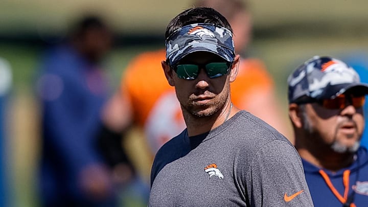 Aug 5, 2022; Englewood, CO, USA; Denver Broncos passing game coordinator/quarterbacks coach Klint Kubiak during training camp at the UCHealth Training Center. Mandatory Credit: Isaiah J. Downing-Imagn Images