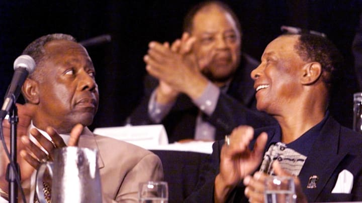 The initial Topps All-Star cards in 1958 included (from left to right) Hank Aaron, Willie Mays, and Ernie Banks, each in the early years of great careers. 