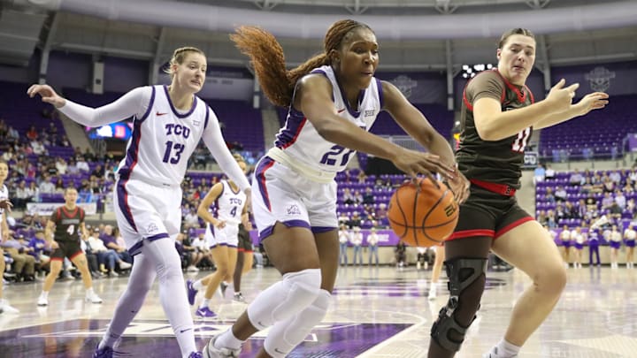 Agnes Emma-Nnopu dives for a loose ball in No. 11 TCU's win over Brown on Sunday, December 29, 2024.