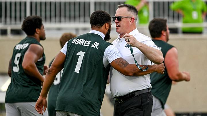 Michigan State’s head coach Pat Fitzgerald, right, talks with Kenny Soares Jr. before the football game against Toledo on Friday, Sept. 4, 2026, at Spartan Stadium in East Lansing. Michigan State’s head coach Pat Fitzgerald, right, talks with Kenny Soares Jr. before the football game against Toledo on Friday, Sept. 4, 2026, at Spartan Stadium in East Lansing.