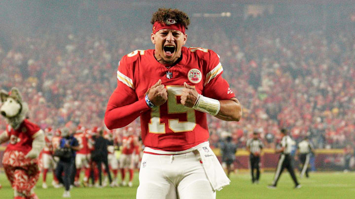 Oct 7, 2024; Kansas City, Missouri, USA; Kansas City Chiefs quarterback Patrick Mahomes (15) celebrates toward fans prior to a game against the New Orleans Saints at GEHA Field at Arrowhead Stadium. Mandatory Credit: Denny Medley-Imagn Images