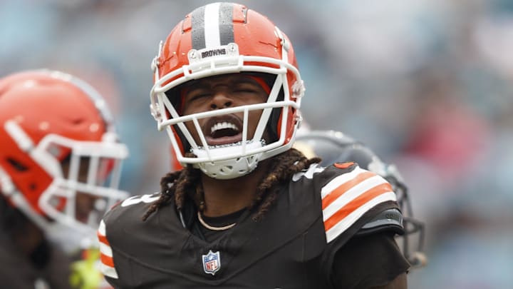 Sep 15, 2024; Jacksonville, Florida, USA; Cleveland Browns cornerback Martin Emerson Jr. (23) reacts after a tackle against the Jacksonville Jaguars during the second quarter at EverBank Stadium. Mandatory Credit: Morgan Tencza-Imagn Images