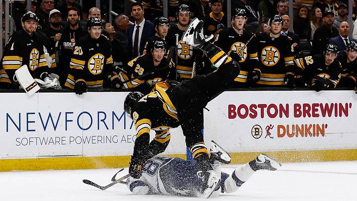 Oct 13, 2025; Boston, Massachusetts, USA; Boston Bruins right wing David Pastrnak (88) checks Tampa Bay Lightning right wing Nikita Kucherov (86) to the ice during the third period at TD Garden. Mandatory Credit: Winslow Townson-Imagn Images Oct 13, 2025; Boston, Massachusetts, USA; Boston Bruins right wing David Pastrnak (88) checks Tampa Bay Lightning right wing Nikita Kucherov (86) to the ice during the third period at TD Garden. Mandatory Credit: Winslow Townson-Imagn Images