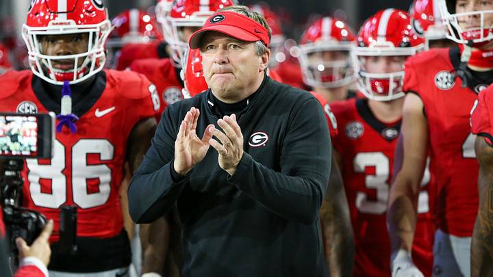 Nov 25, 2023; Atlanta, Georgia, USA; Georgia Bulldogs head coach Kirby Smart runs on the field with his team before a game against the Georgia Tech Yellow Jackets at Bobby Dodd Stadium at Hyundai Field. Mandatory Credit: Brett Davis-Imagn Images Nov 25, 2023; Atlanta, Georgia, USA; Georgia Bulldogs head coach Kirby Smart runs on the field with his team before a game against the Georgia Tech Yellow Jackets at Bobby Dodd Stadium at Hyundai Field. Mandatory Credit: Brett Davis-Imagn Images