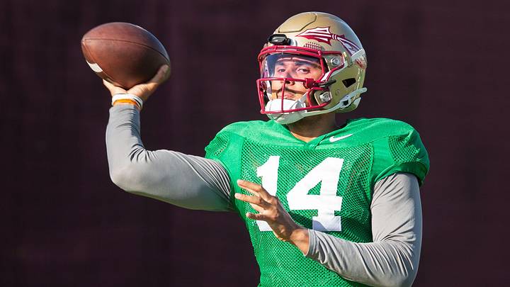 Florida State Seminoles quarterback Ashton Daniels (14) winds up to pass Thursday, April 9, 2026.