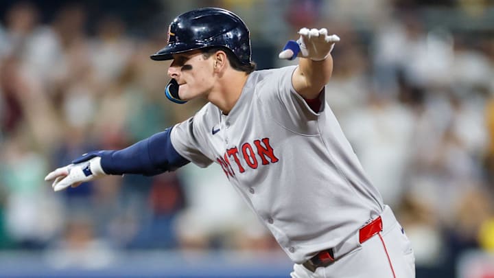 Aug 9, 2025; San Diego, California, USA; Boston Red Sox left fielder Roman Anthony (19) celebrates after hitting an RBI ground rule double during the ninth inning against the San Diego Padres at Petco Park. Mandatory Credit: David Frerker-Imagn Images Aug 9, 2025; San Diego, California, USA; Boston Red Sox left fielder Roman Anthony (19) celebrates after hitting an RBI ground rule double during the ninth inning against the San Diego Padres at Petco Park. Mandatory Credit: David Frerker-Imagn Images