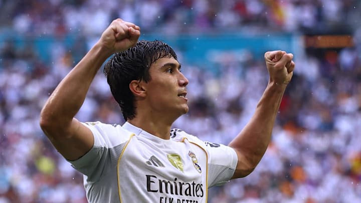[Subscription Customers Only] Jul 1, 2025; Miami Gardens, Florida, USA; Real Madrid C.F. forward Gonzalo Garcia (30) reacts scoring their first goal during a round of 16 match of the 2025 FIFA Club World Cup at Hard Rock Stadium. Mandatory Credit: Hannah Mckay-Reuters via Imagn Images