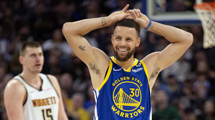  Golden State Warriors guard Stephen Curry (30) reacts to a foul call against his team during the third quarter against the Denver Nuggets at Chase Center. Mandatory Credit: D. Ross Cameron-Imagn Images