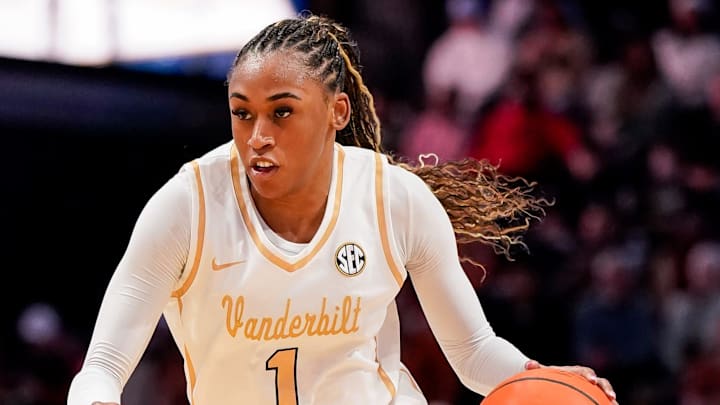 Vanderbilt guard Mikayla Blakes (1) brings the ball up the court against Texas during the third quarter at Memorial Gymnasium in Nashville, Tenn., Thursday, Feb. 12, 2026.