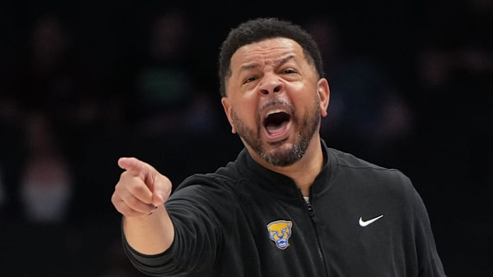 Mar 10, 2026; Charlotte, NC, USA; Pittsburgh Panthers head coach Jeff Capel III reacts in the first half at Spectrum Center. Mandatory Credit: Bob Donnan-Imagn Images