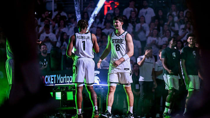Michigan State's Jeremy Fears Jr., left, and Frankie Fidler are introduced before the game against Ferris State on Tuesday, Oct. 29, 2024, in East Lansing.