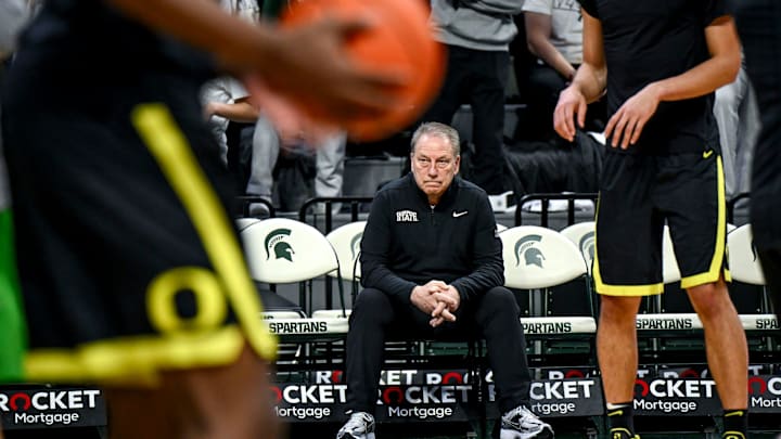 Michigan State's head coach Tom Izzo watches the Ducks warm up before the basketball game against Oregon during on Saturday, Feb. 8, 2025, at the Breslin Center East Lansing.