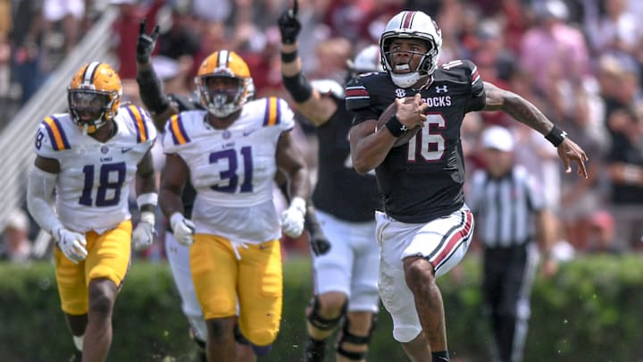 South Carolina quarterback LaNorris Sellers (16) runs for a touchdown against Louisiana State University during the second quarter at Williams-Brice Stadium in Columbia, S.C. Saturday, September 14, 2024.