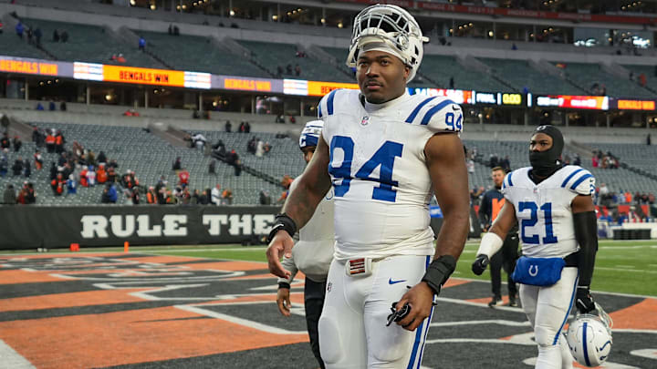Indianapolis Colts defensive end Tyquan Lewis (94) leaves the field after losing to the Bengals on Sunday, Dec. 10, 2023, after Paycor Stadium in Cincinnati. The Colts lost, 14-34.