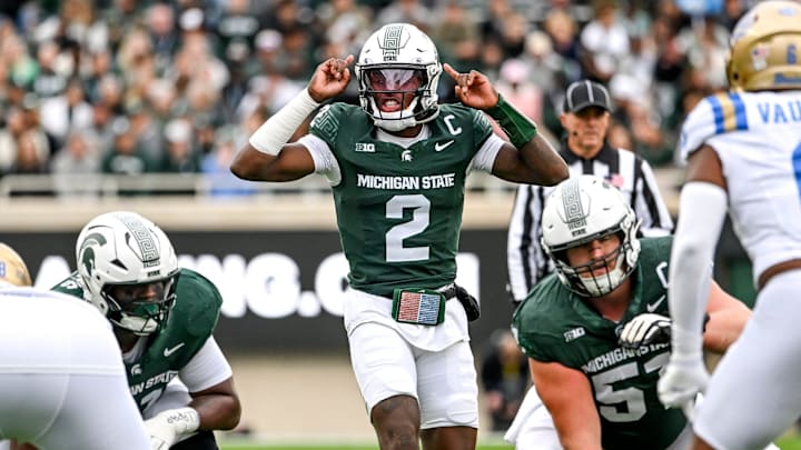 Michigan State's Aidan Chiles prepares for the snap against UCLA during the first quarter on Saturday, Oct. 11, 2025, at Spartan Stadium in East Lansing. Michigan State's Aidan Chiles prepares for the snap against UCLA during the first quarter on Saturday, Oct. 11, 2025, at Spartan Stadium in East Lansing.