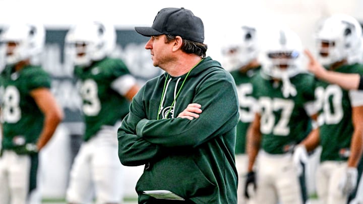 Michigan State head coach Jonathan Smith looks on during practice on Tuesday, April 8, 2025, in East Lansing. Michigan State head coach Jonathan Smith looks on during practice on Tuesday, April 8, 2025, in East Lansing.