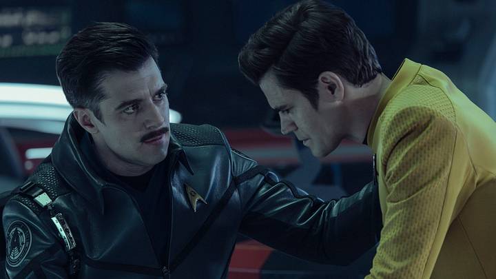 (L-R): Dan Jeannotte as Sam Kirk and Paul Wesley as James T. Kirk in season 4, episode 2, of Star Trek: Strange New Worlds streaming on Paramount+, 2026. Photo Credit: Jan Thijs/Paramount+