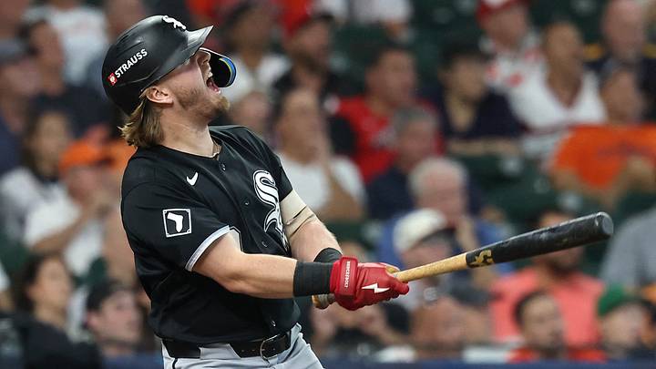 Sep 30, 2026; Houston, Texas, USA;  Chicago White Sox second baseman Chase Meidroth (10) hits a three-run home run against the Houston Astros in the sixth inning during game two of the Wildcard round for the 2026 MLB Playoffs at Daikin Park.  Mandatory Credit: Troy Taormina-Imagn Images