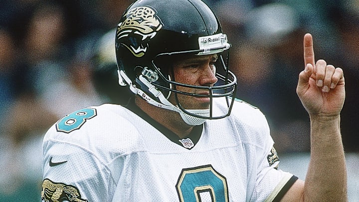 Sep 15, 1996; Oakland, CA, USA; FILE PHOTO; Jacksonville Jaguars quarterback Mark Brunell (8) on the field against the Oakland Raiders at Oakland-Alameda County Coliseum. Mandatory Credit: Peter Brouillet-USA TODAY NETWORK