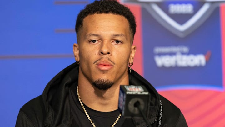 Mar 5, 2022; Indianapolis, IN, USA; Miami defensive back Bubba Bolden (DB43) talks to the media during the 2022 NFL Scouting Combine at Lucas Oil Stadium.