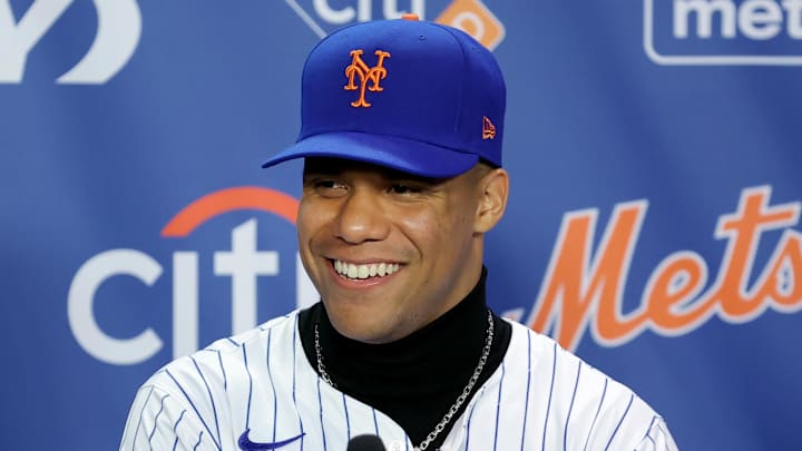 Dec 12, 2024; Flushing, NY, USA; New York Mets right fielder Juan Soto speaks during his introductory press conference at Citi Field. Mandatory Credit: Brad Penner-Imagn Images
