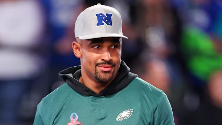 Feb 1, 2024; Orlando, FL, USA;  Philadelphia Eagles quarterback Jalen Hurts (1) participates in the