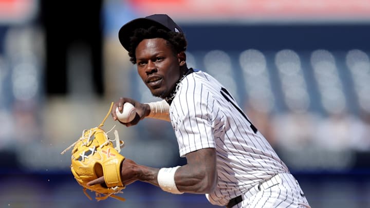 May 7, 2026; Bronx, New York, USA; New York Yankees second baseman Jazz Chisholm Jr. (13) fields a ground ball by Texas Rangers center fielder Sam Haggerty (not pictured) during the ninth inning at Yankee Stadium. Mandatory Credit: Brad Penner-Imagn Images May 7, 2026; Bronx, New York, USA; New York Yankees second baseman Jazz Chisholm Jr. (13) fields a ground ball by Texas Rangers center fielder Sam Haggerty (not pictured) during the ninth inning at Yankee Stadium. Mandatory Credit: Brad Penner-Imagn Images