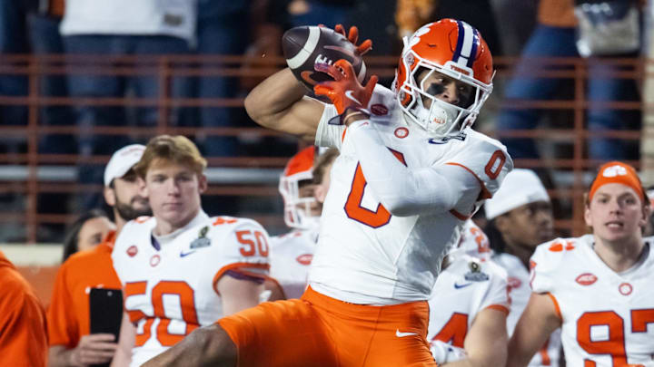 Dec 21, 2024; Austin, Texas, USA; Clemson Tigers wide receiver Antonio Williams (0) against the Texas Longhorns during the CFP National playoff first round at Darrell K Royal-Texas Memorial Stadium. Mandatory Credit: Mark J. Rebilas-Imagn Images