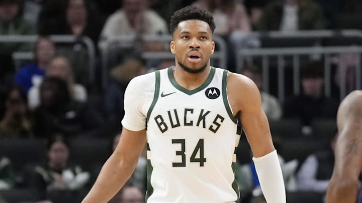 Mar 10, 2026; Milwaukee, Wisconsin, USA;  Milwaukee Bucks forward Giannis Antetokounmpo (34) during the game against the Phoenix Suns at Fiserv Forum. Mandatory Credit: Jeff Hanisch-Imagn Images