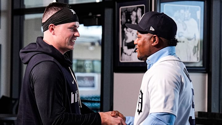 Detroit Tigers pitcher Tarik Skubal, left, shakes hands with pitcher Framber Valdez during Valdez’s introductory press conference. Detroit Tigers pitcher Tarik Skubal, left, shakes hands with pitcher Framber Valdez during Valdez’s introductory press conference.