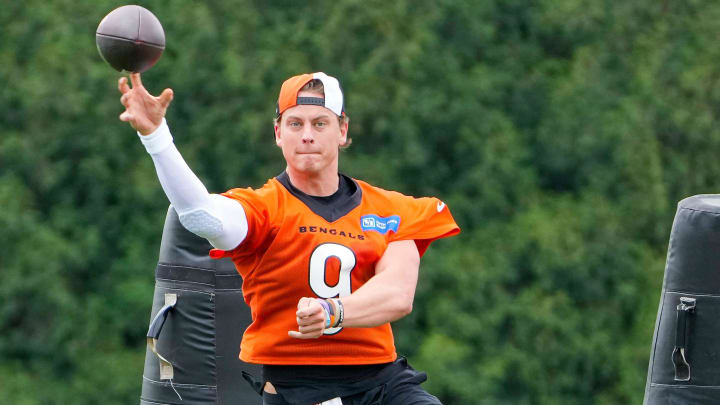 Cincinnati Bengals quarterback Joe Burrow practices during an off-season workout at the practice fields outside of Paycor Stadium Tuesday, May 7, 2024. Burrow is recovering from wrist surgery after a season-ending injury he suffered in a Week 11.
