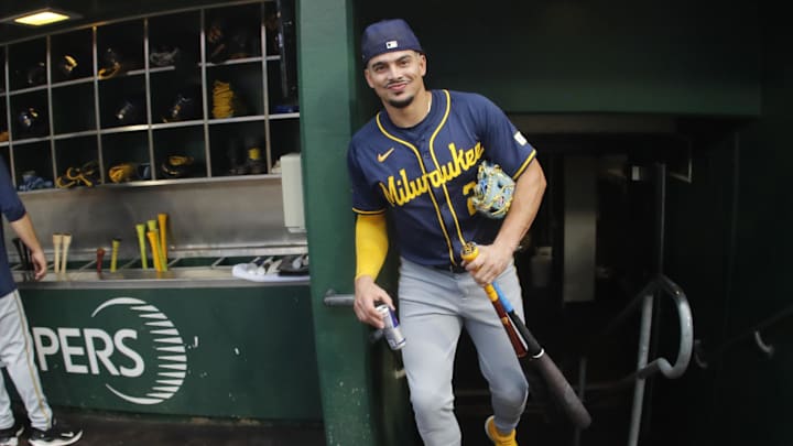 Sep 24, 2024; Pittsburgh, Pennsylvania, USA;  Milwaukee Brewers shortstop Willy Adames (27) enters the dugout to play the Pittsburgh Pirates at PNC Park. 