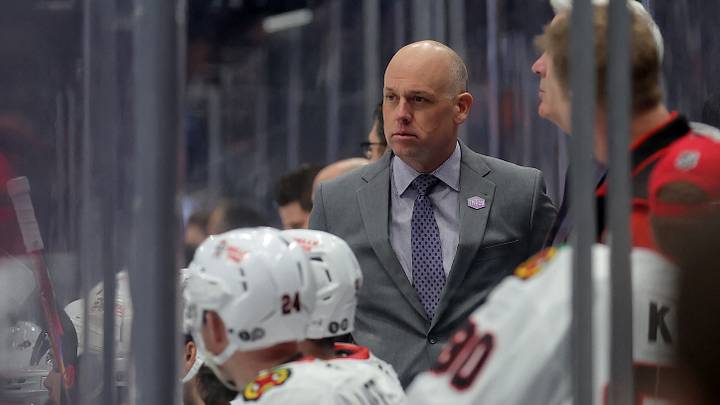 Mar 24, 2026; Elmont, New York, USA; Chicago Blackhawks head coach Jeff Blashill coaches against the New York Islanders during the second period at UBS Arena. Mandatory Credit: Brad Penner-Imagn Images Mar 24, 2026; Elmont, New York, USA; Chicago Blackhawks head coach Jeff Blashill coaches against the New York Islanders during the second period at UBS Arena. Mandatory Credit: Brad Penner-Imagn Images