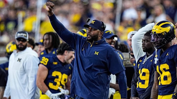 Michigan head coach Sherrone Moore reacts to a play against New Mexico during the first half at Michigan Stadium in Ann Arbor on Saturday, August 30, 2025.