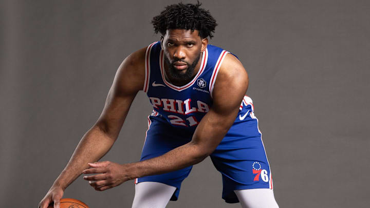 Sep 30, 2024; Camden, NJ, USA; Philadelphia 76ers center Joel Embiid (21) poses for a photo on media day at the Philadelphia 76ers Training Complex. Mandatory Credit: Bill Streicher-Imagn Images