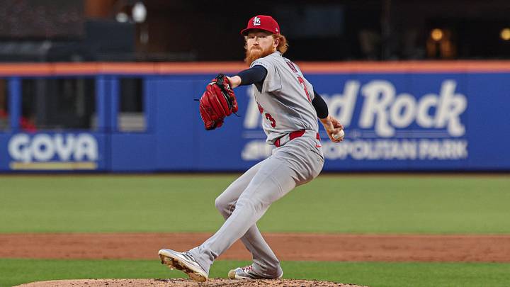 Jun 9, 2026; New York City, New York, USA; St. Louis Cardinals pitcher Dustin May (3) delivers a pitch during the third inning against the New York Mets at Citi Field. Mandatory Credit: Vincent Carchietta-Imagn Images